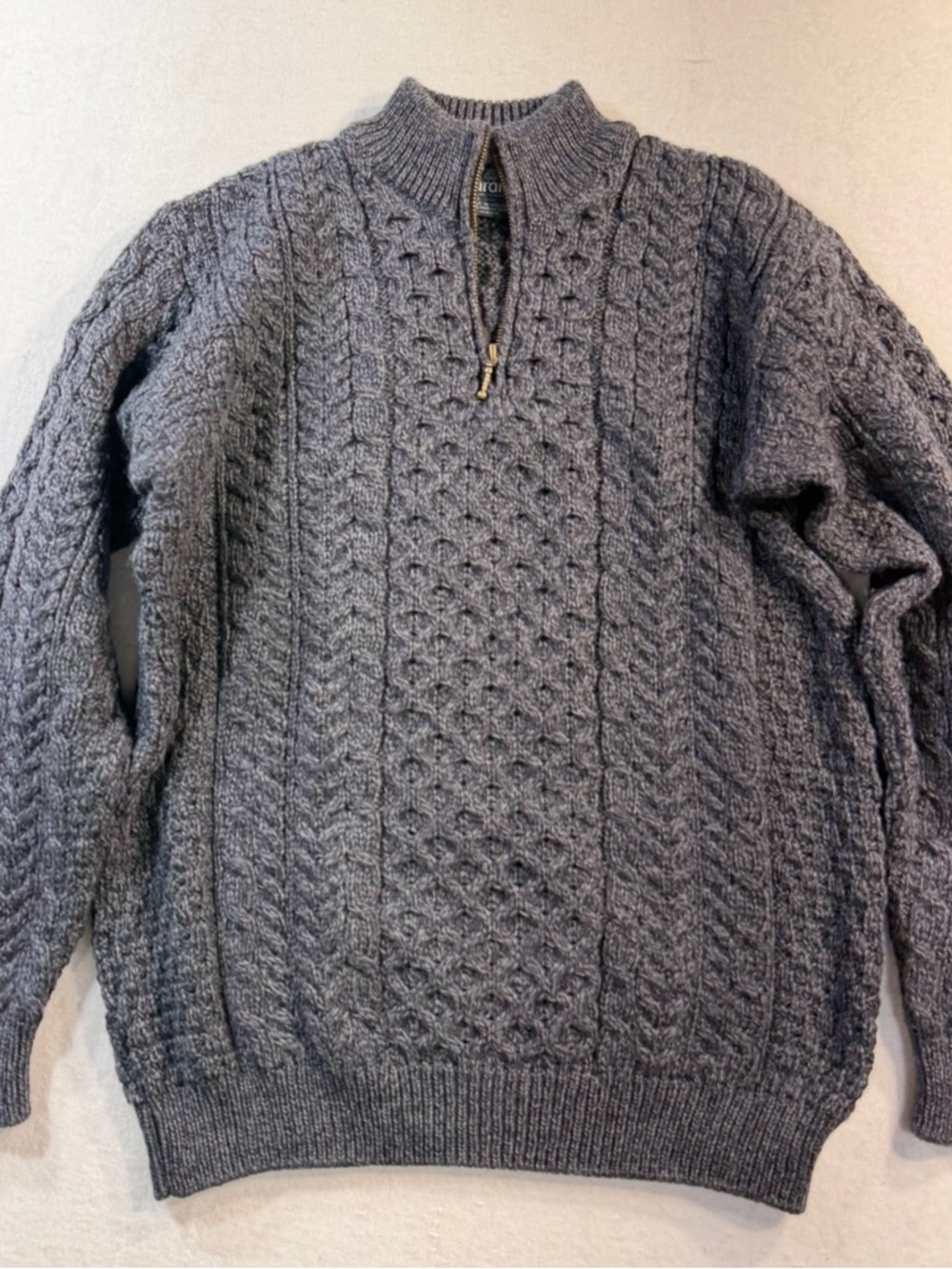 Aran Woollen Mills Irish Merino Wool Gray Cable-Knit Half-Zip Sweater